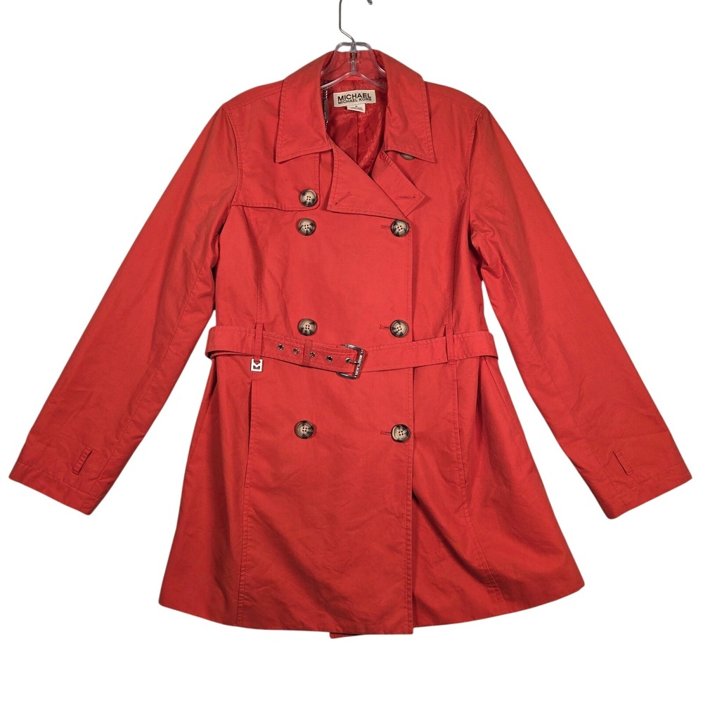 Michael Michael Kors Trench Coat Women Medium Coral Red Belted Y2K Cotton Blend